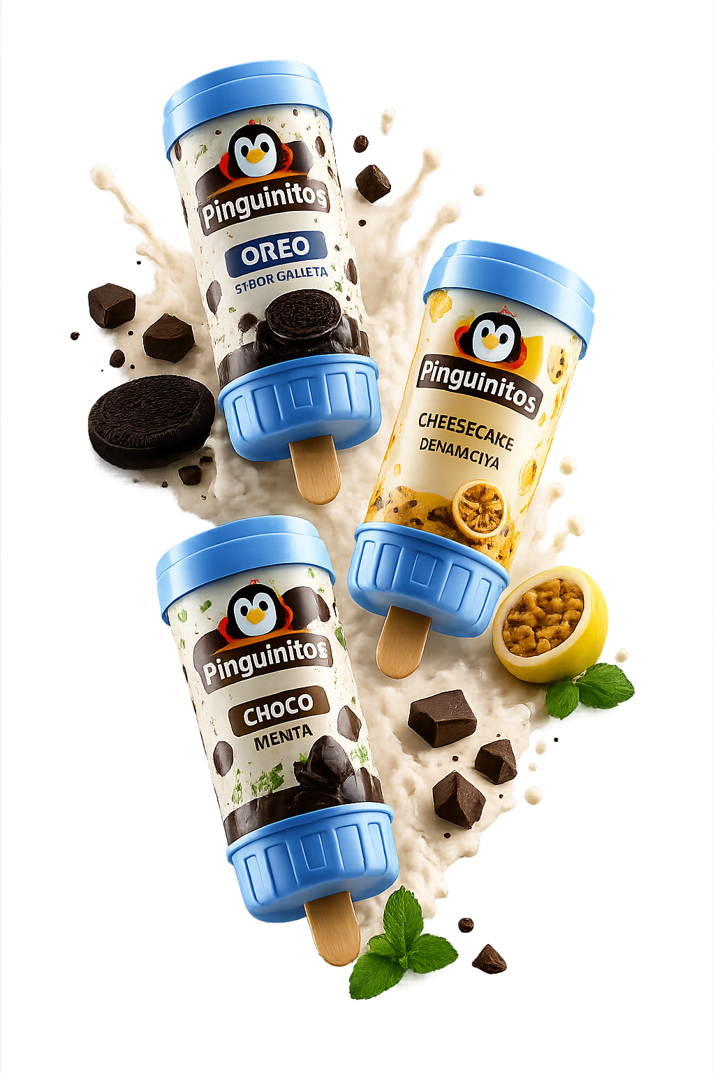 Productos Pingüinitos: Oreo, Cheesecake de Maracuyá y Choco Menta