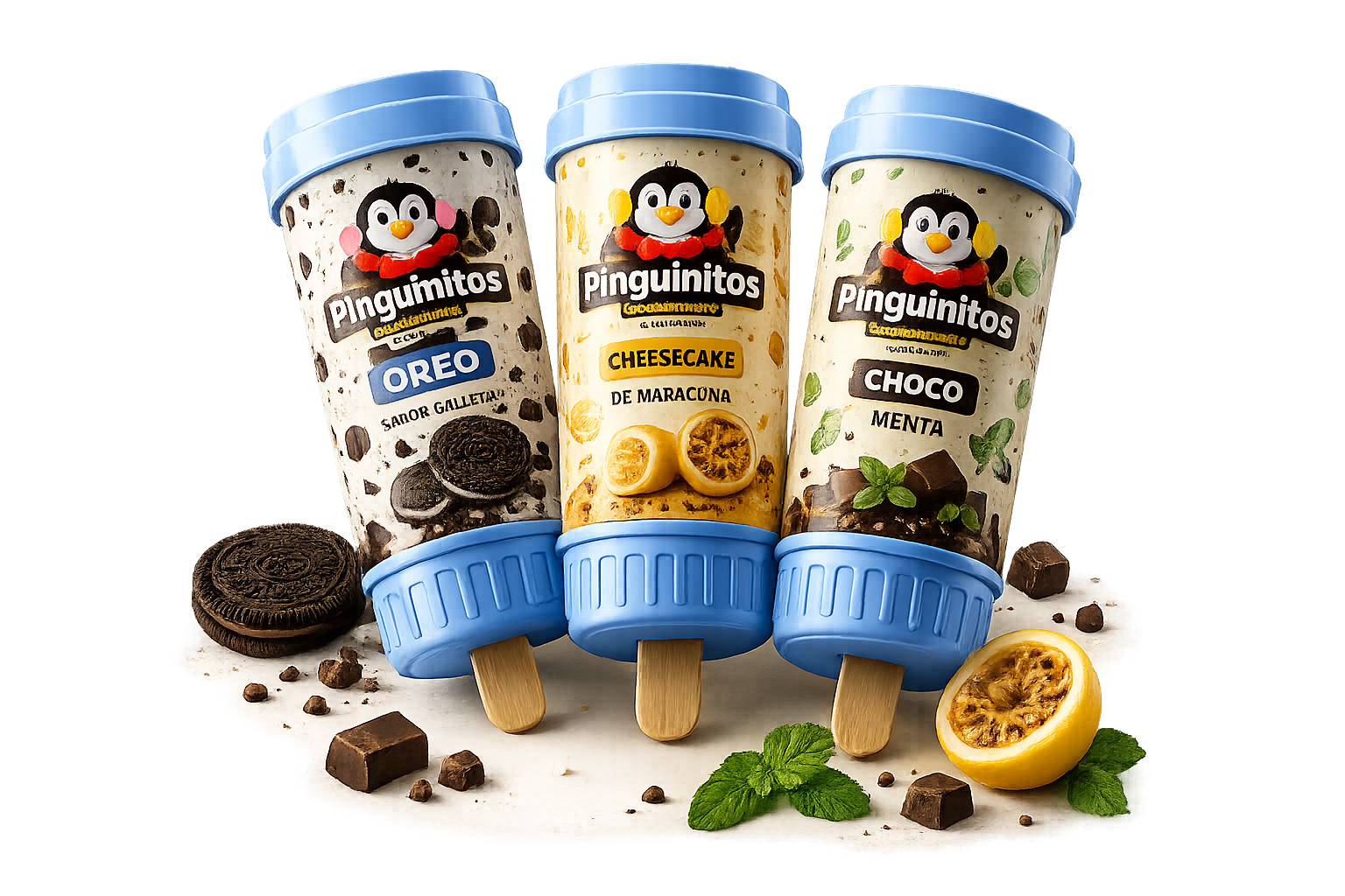 Productos Pingüinitos: Oreo, Cheesecake de Maracuyá y Choco Menta